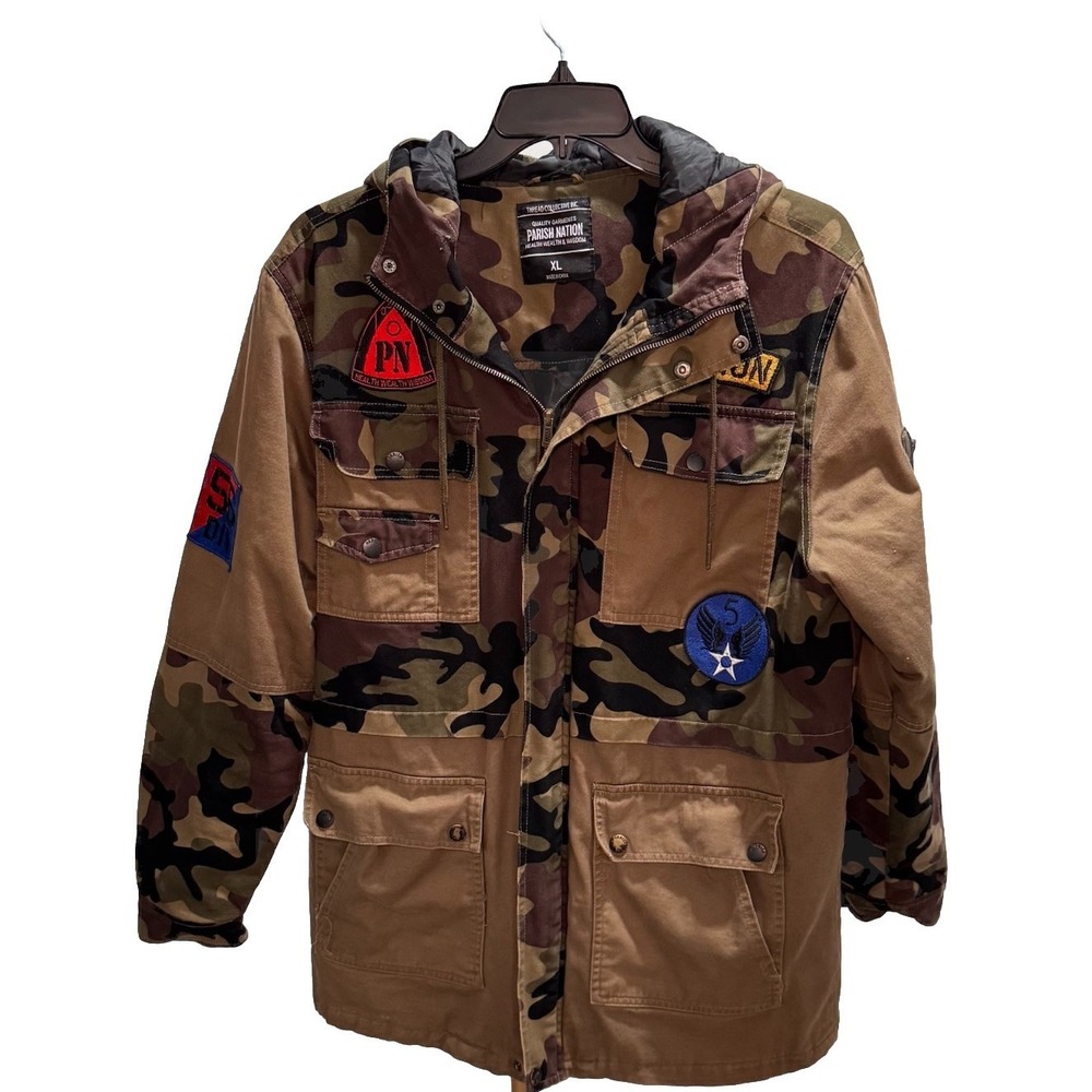 Parish Nation Camo Streetwear Jacket Men's XL Health Wealth Wisdom Patches Y2K - Picture 1 of 12